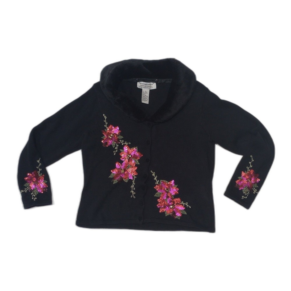 Tiara Christmas Collection Poinsettia Sequin Embroidery Faux Fur Sweater Size M